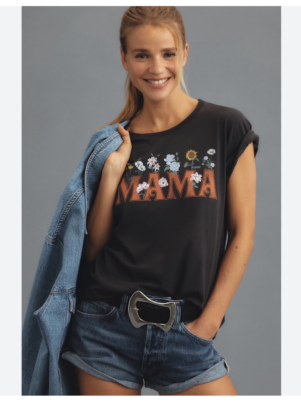 Anthropologie Black 'MAMA' Floral Graphic Short Sleeve Tee